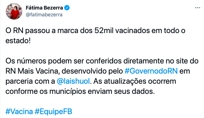 Fátima: RN passou da marca de 52 mil vacinados